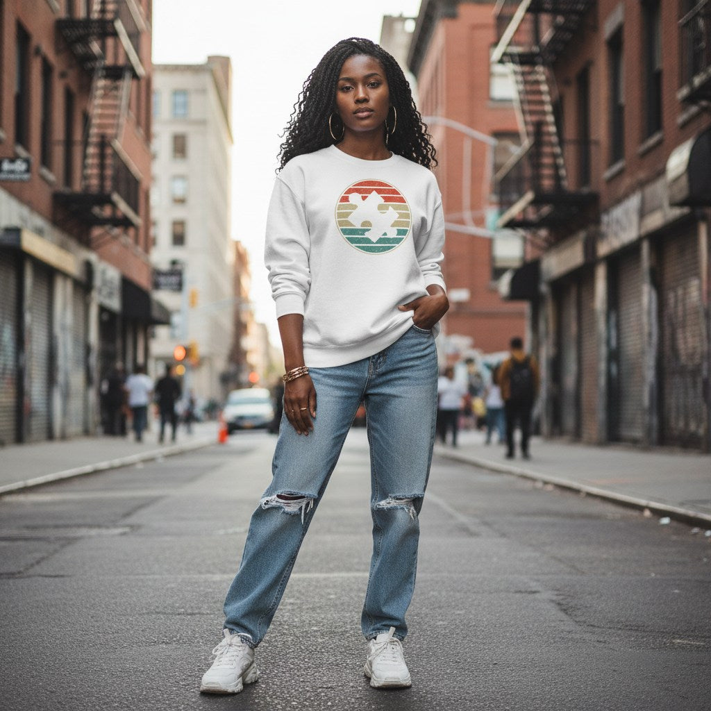 Black woman wearing a white retro sunset puzzle piece autism sweatshirt.