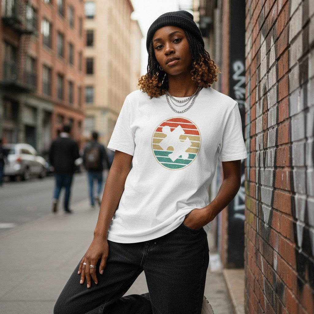 Black woman wearing a white retro sunset puzzle autism awareness t-shirt.