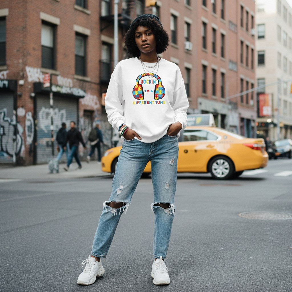 Black woman wearing a white rockin' to a different tune sweatshirt.