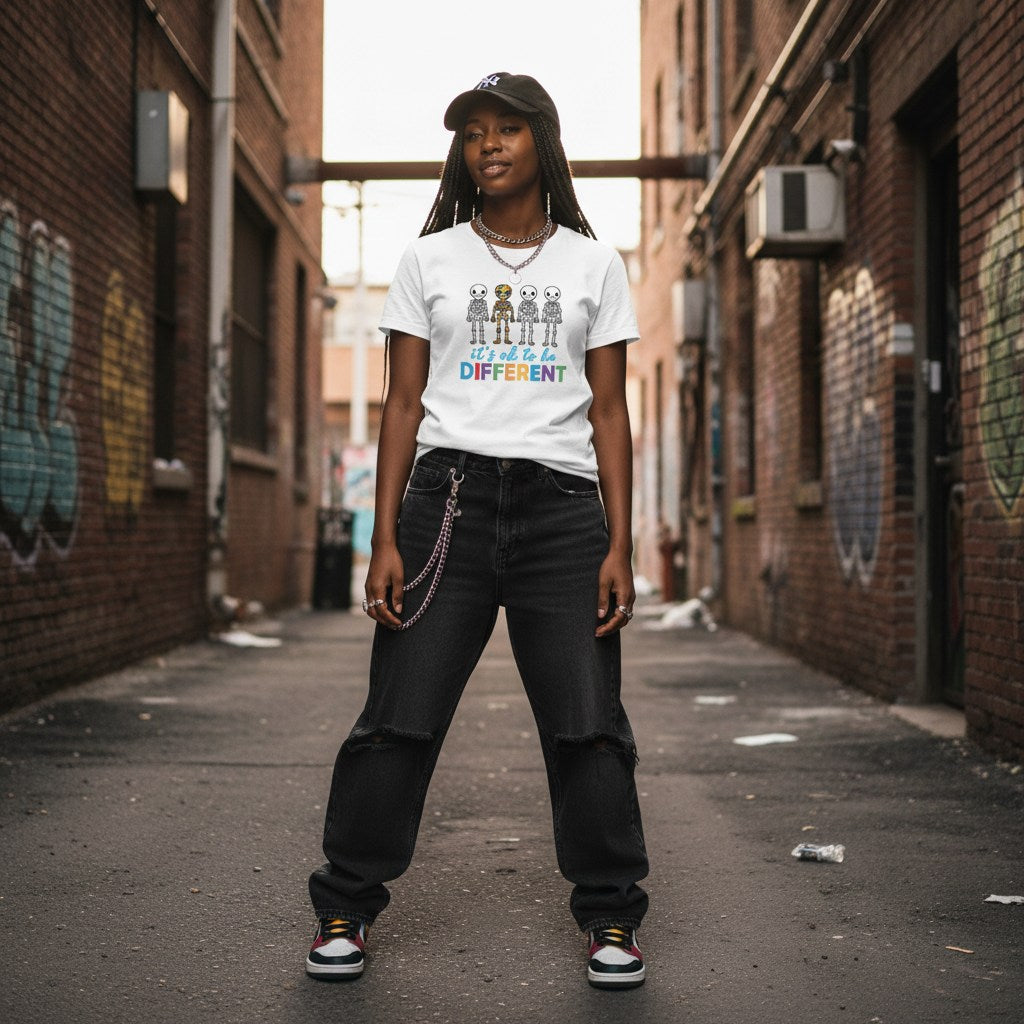 Black woman wearing a white autism awareness skeleton puzzle t-shirt.