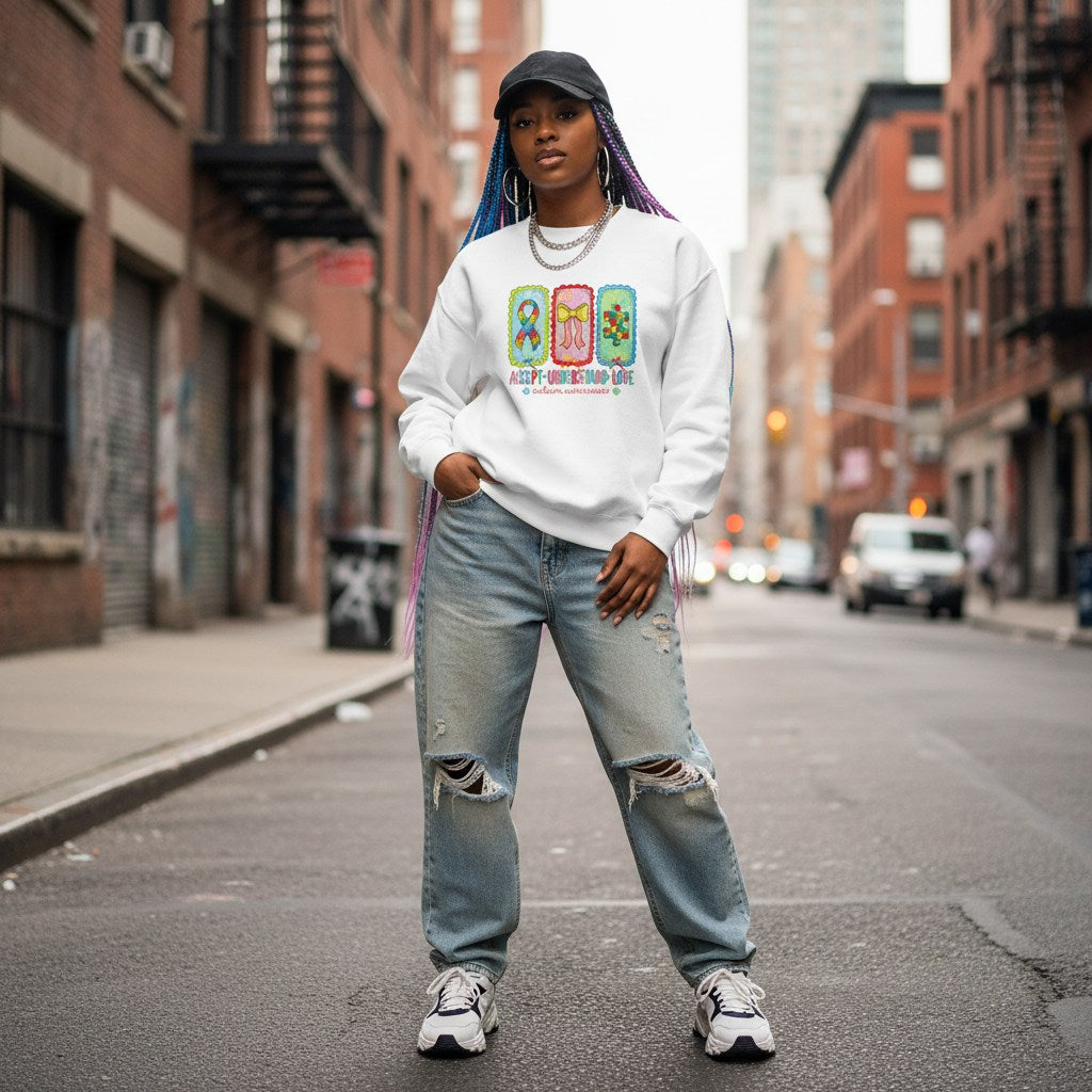 Black woman wearing a white autism awareness sweatshirt in a streetwear style.