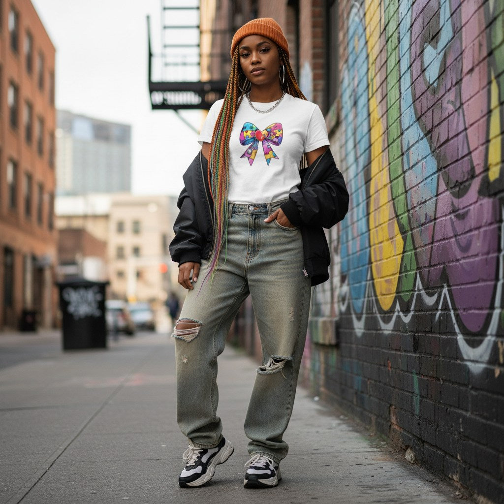 Black woman wearing a white autism awareness t-shirt in a streetwear style.