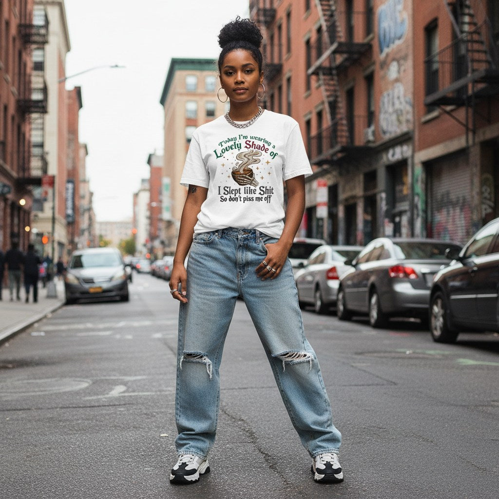 Lifestyle shot of a black woman in streetwear clothing leaning against a wall outdoors