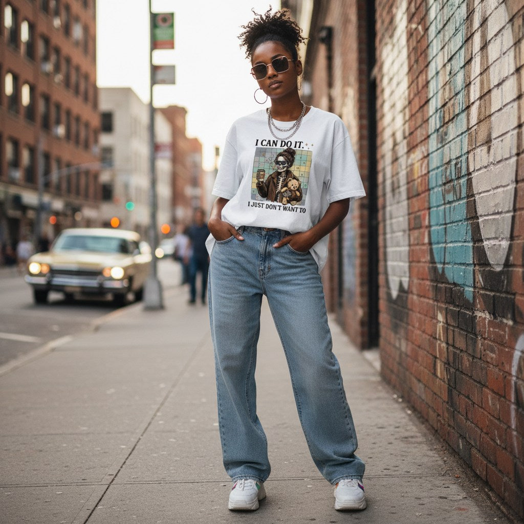 Streetwear photo of a Black woman wearing a white t-shirt.
