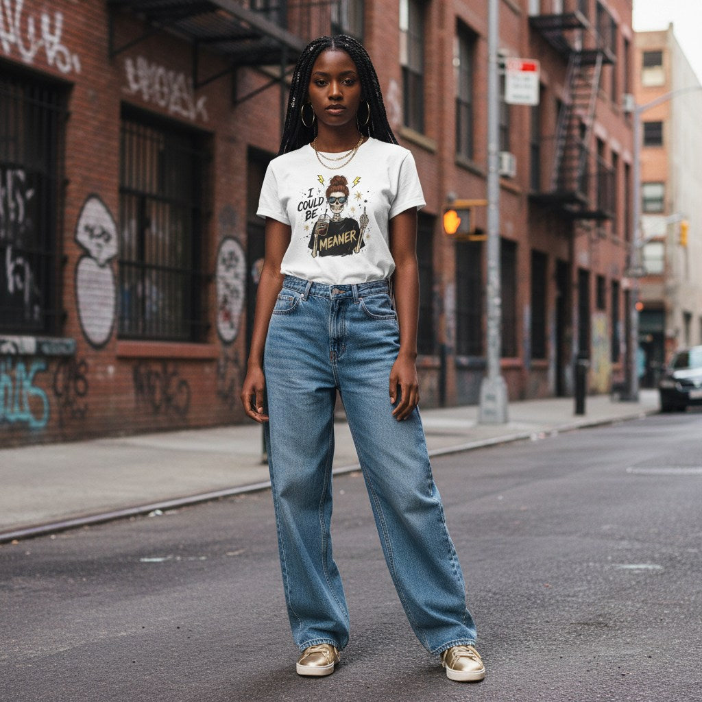 Streetwear shot of a Black woman in a white t-shirt and blue jeans, standing in an urban setting.