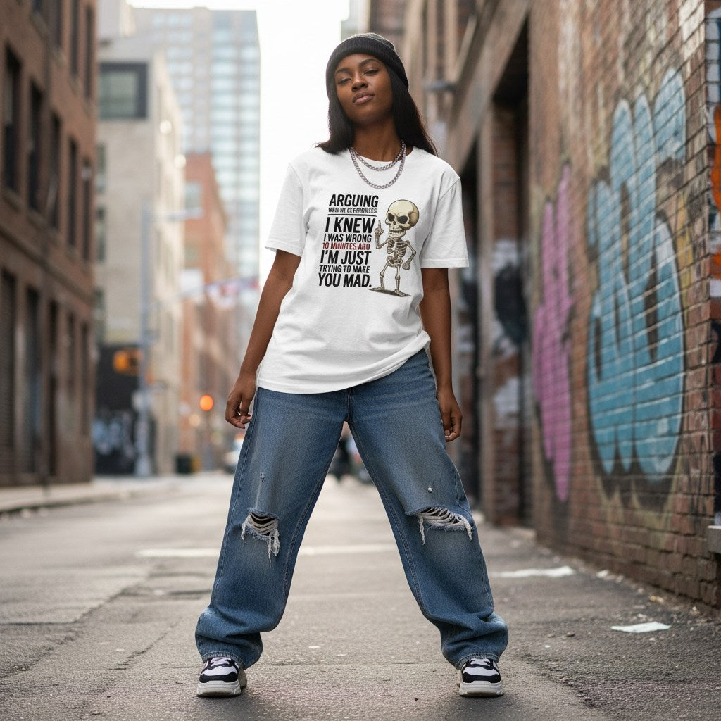 Black woman in a streetwear style photo wearing a white t-shirt