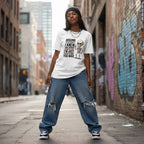 Black woman in a streetwear style photo wearing a white t-shirt