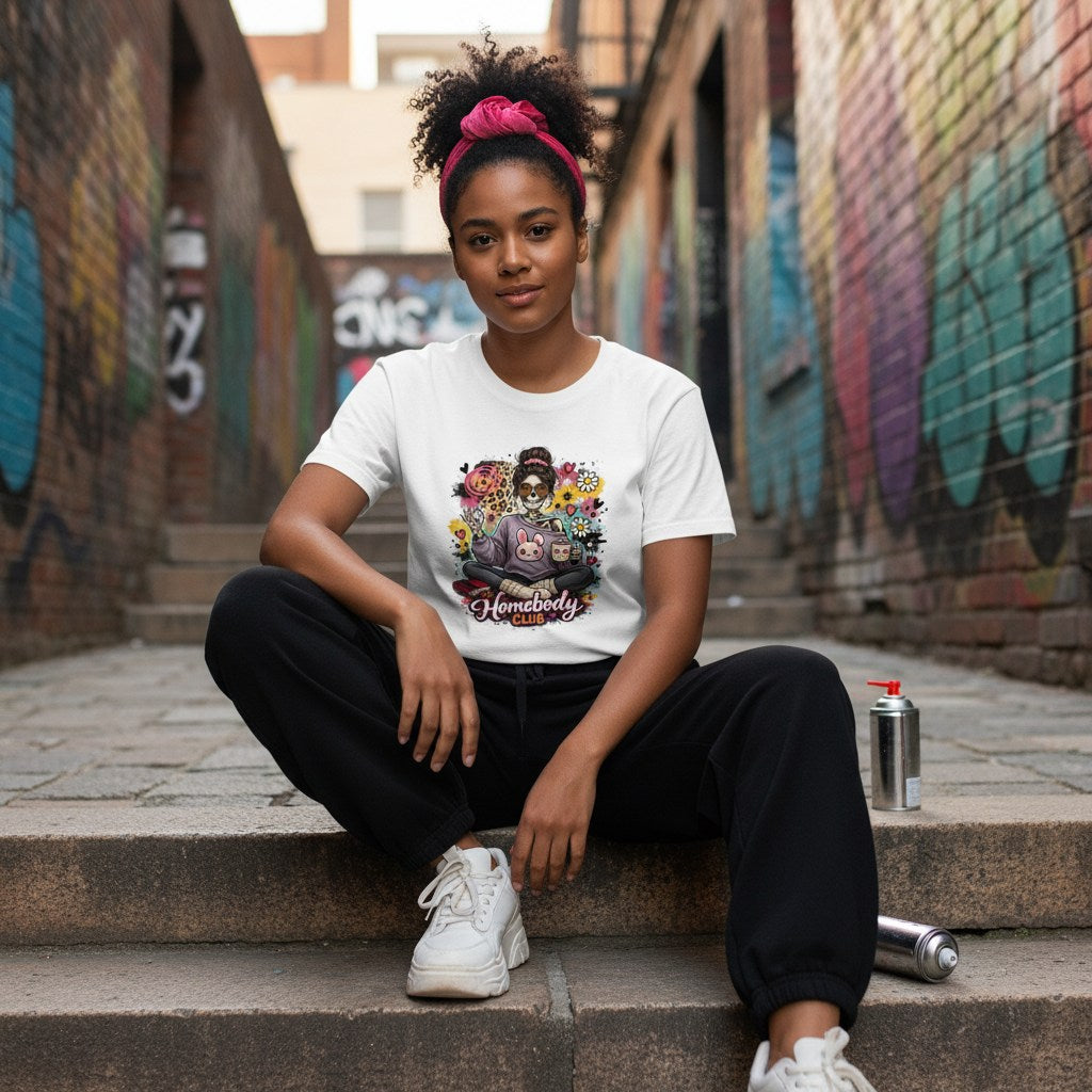 Black woman in streetwear style photo wearing a white t-shirt