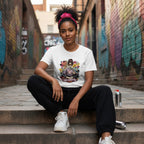 Black woman in streetwear style photo wearing a white t-shirt