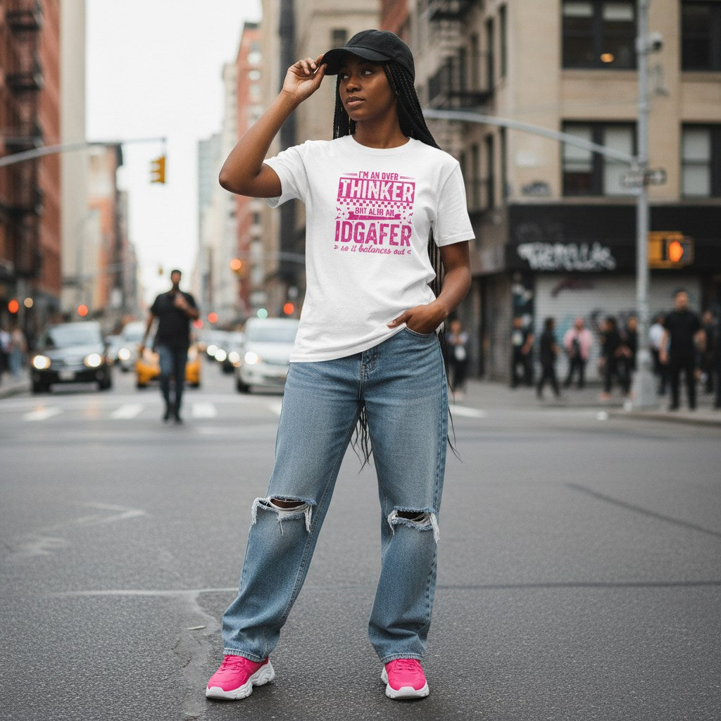 Black woman with an afro hairstyle and trendy streetwear leaning against a white brick wall in a relaxed, confident pose.