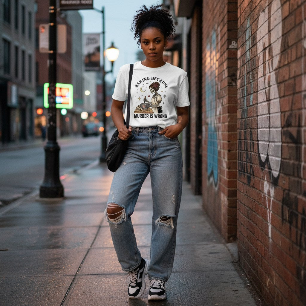 Black woman in streetwear style wearing a white t-shirt outdoors