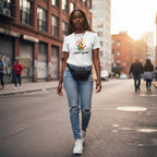 Black woman wearing a white support squad autism t-shirt.