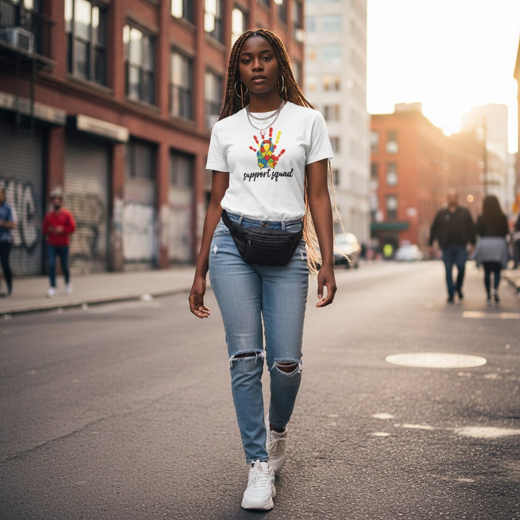 Black woman wearing a white support squad autism t-shirt.