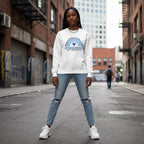 Black woman wearing a white autism awareness sweatshirt.