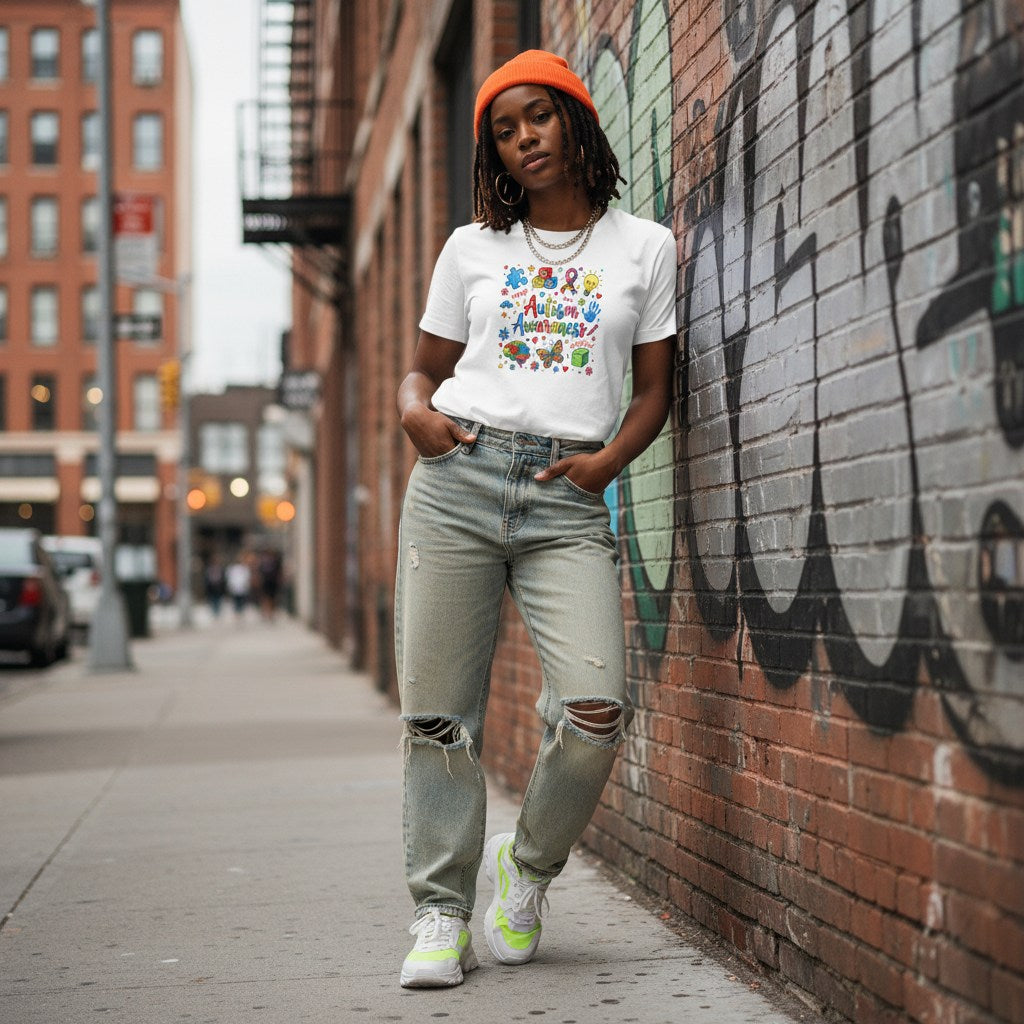 Black woman wearing a white autism awareness t-shirt.