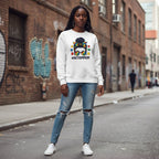 Black woman wearing a white Autism Mom messy bun sweatshirt.