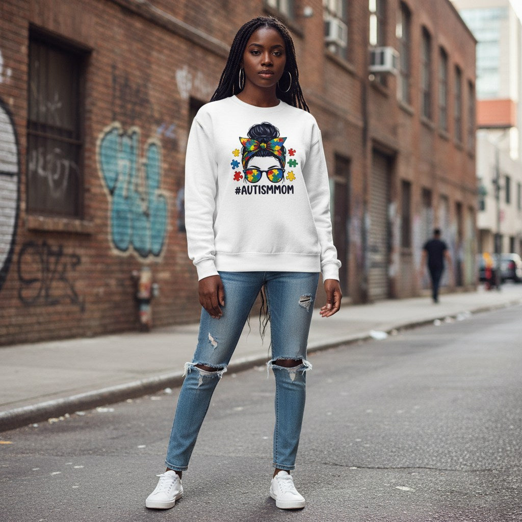 Black woman wearing a white Autism Mom messy bun sweatshirt.