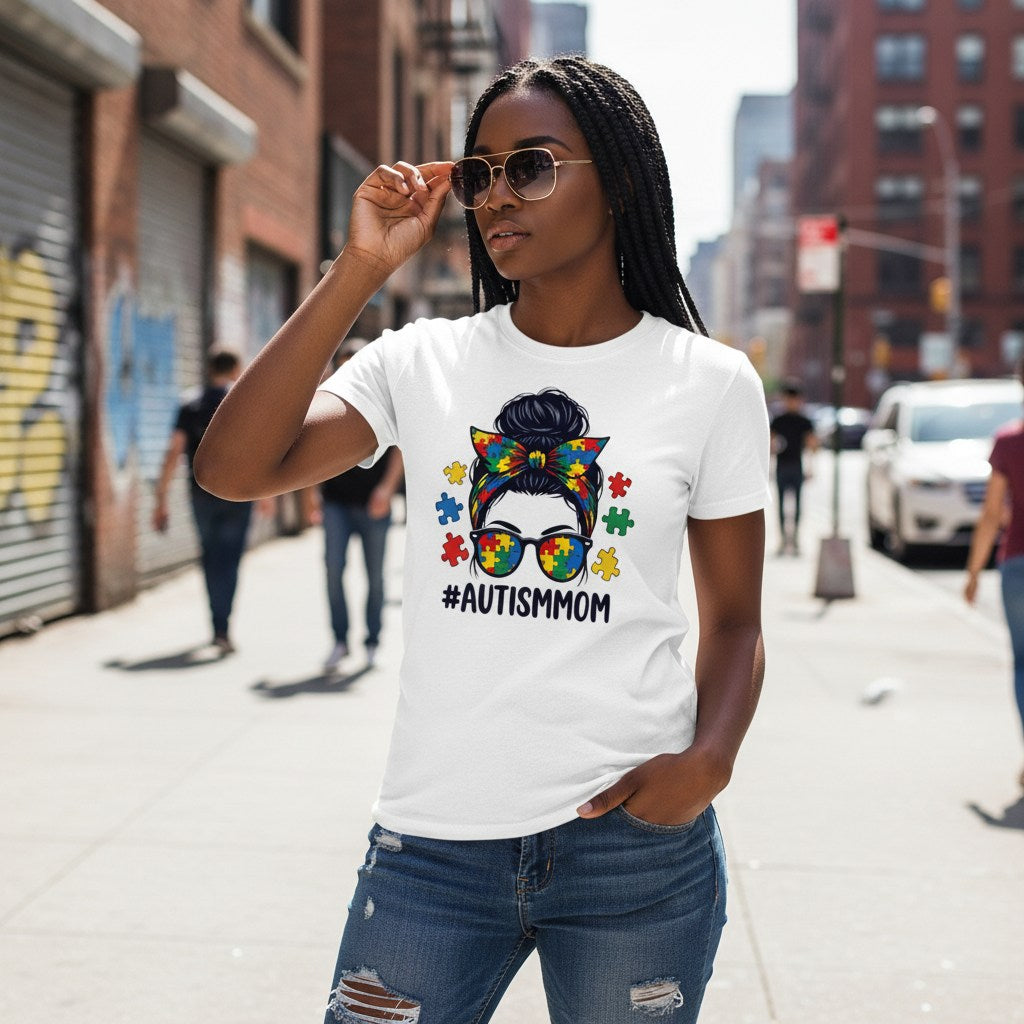 Black woman wearing a white autism mom t-shirt.