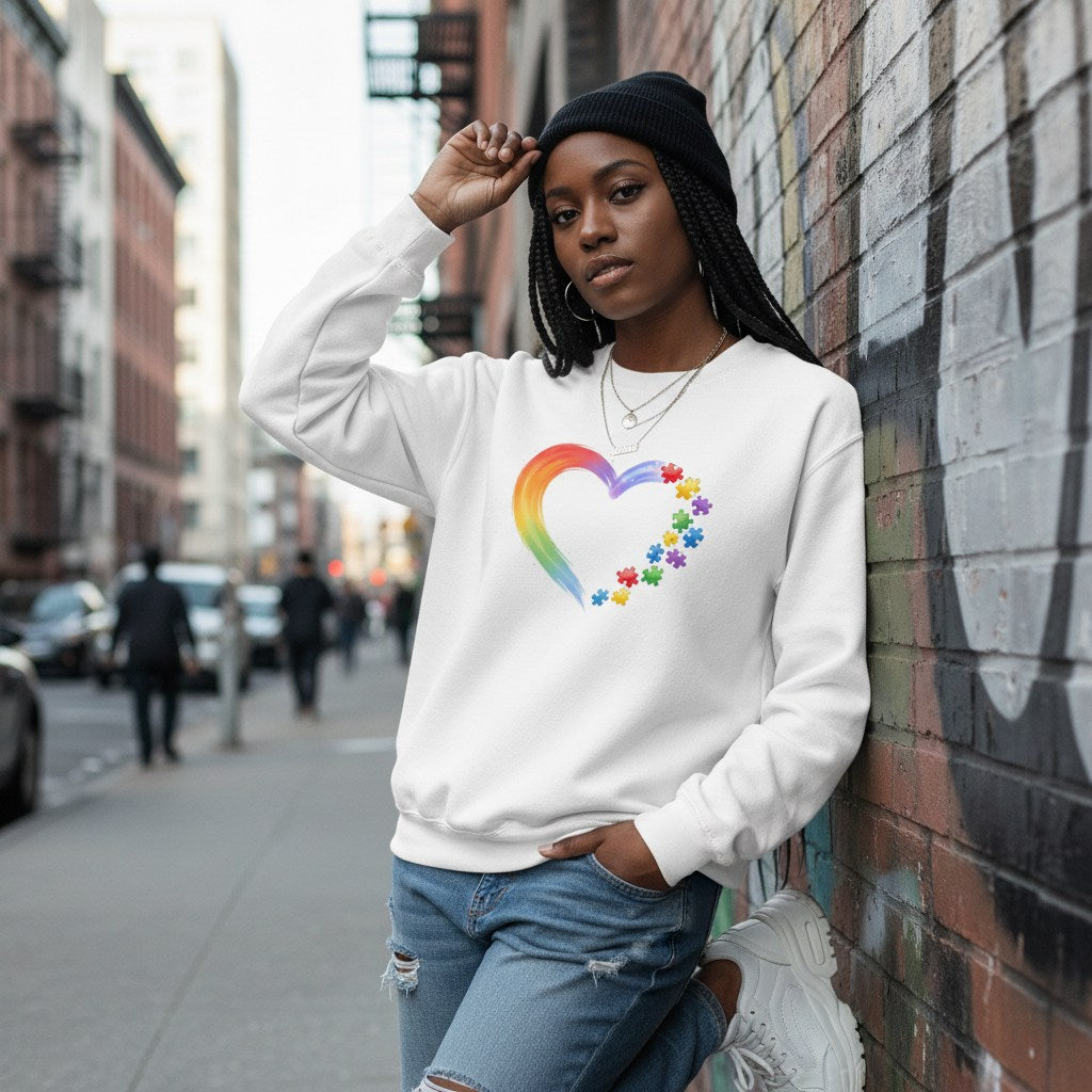 Black woman wearing a white rainbow heart puzzle sweatshirt.