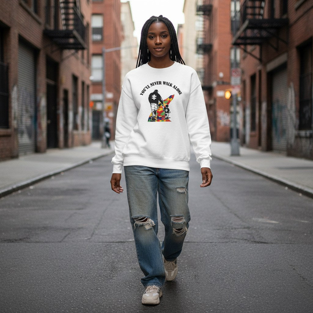 Black woman wearing a white autism awareness sweatshirt.