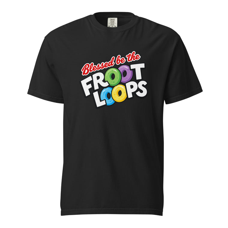 Front view of a black T-shirt featuring “Blessed be the Froot Loops” lettering with colourful cereal rings in the design.