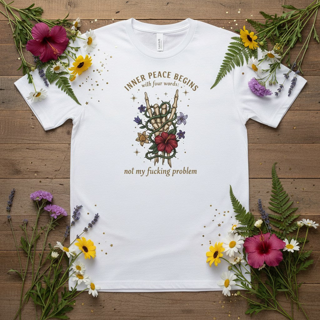 Botanical flat lay featuring wildflowers and a skeleton hand holding a rock sign on a white t-shirt