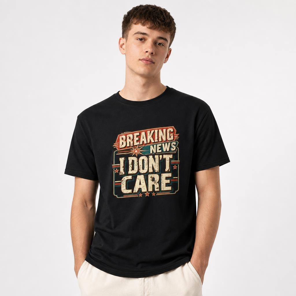Breaking News I Dont Care t shirt in Black worn by a studio model in an upper-body front relaxed pose on a clean white background