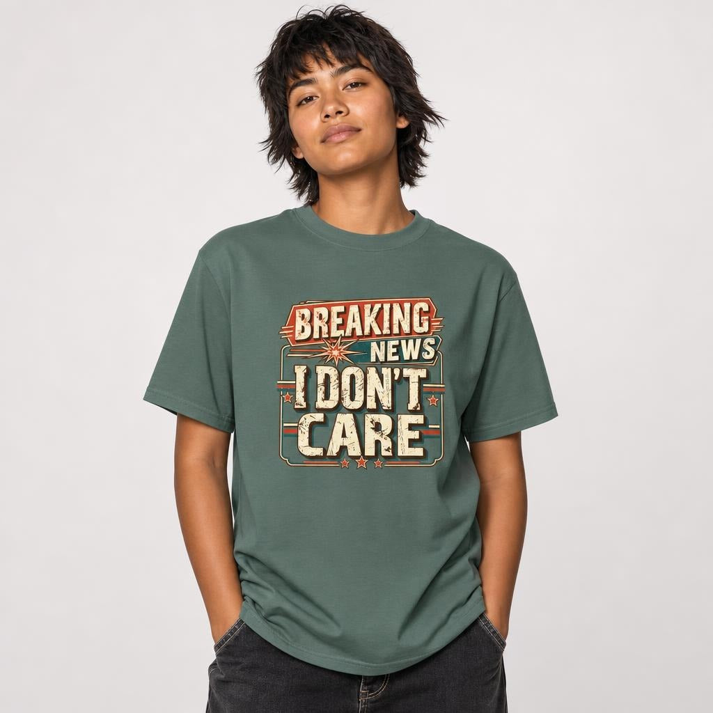 Breaking News I Dont Care t shirt in Blue Spruce worn by a studio model in an upper-body hands in pockets pose on a clean white background