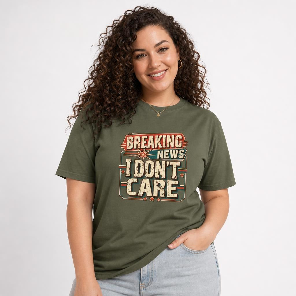 Breaking News I Dont Care t shirt in Sage worn by a studio model in an upper-body three quarter right pose on a clean white background