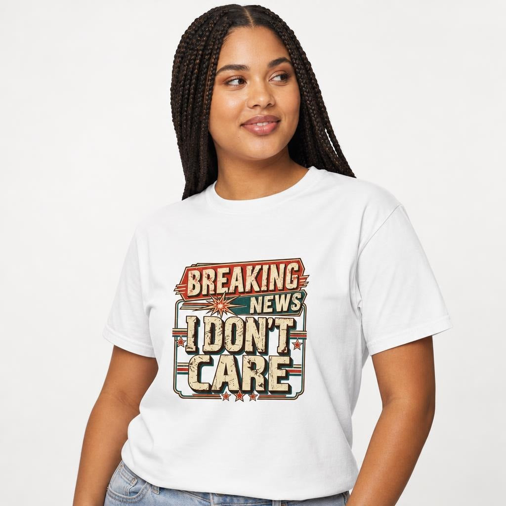 Breaking News I Dont Care t shirt in White worn by a studio model in an upper-body side pose on a clean white background
