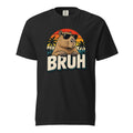 Black T-shirt with a retro capybara wearing sunglasses, palm trees, an orange sunset, and the word “BRUH.”