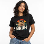 Front view of a person wearing a black T-shirt with a retro capybara in black sunglasses, palm trees, and “BRUH” graphic.