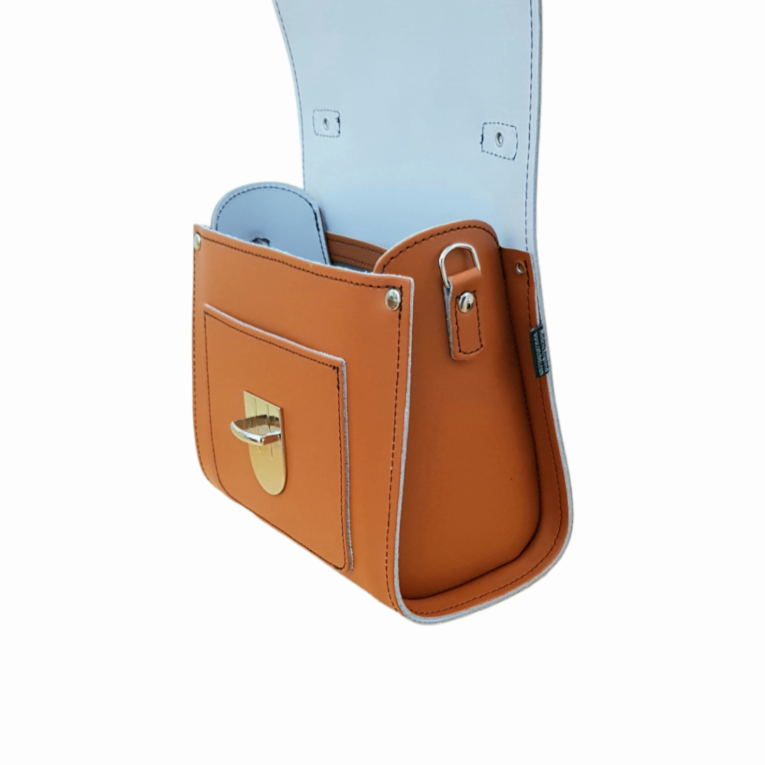 Zatchels Burnt Orange Sugarcube leather handbag detail view