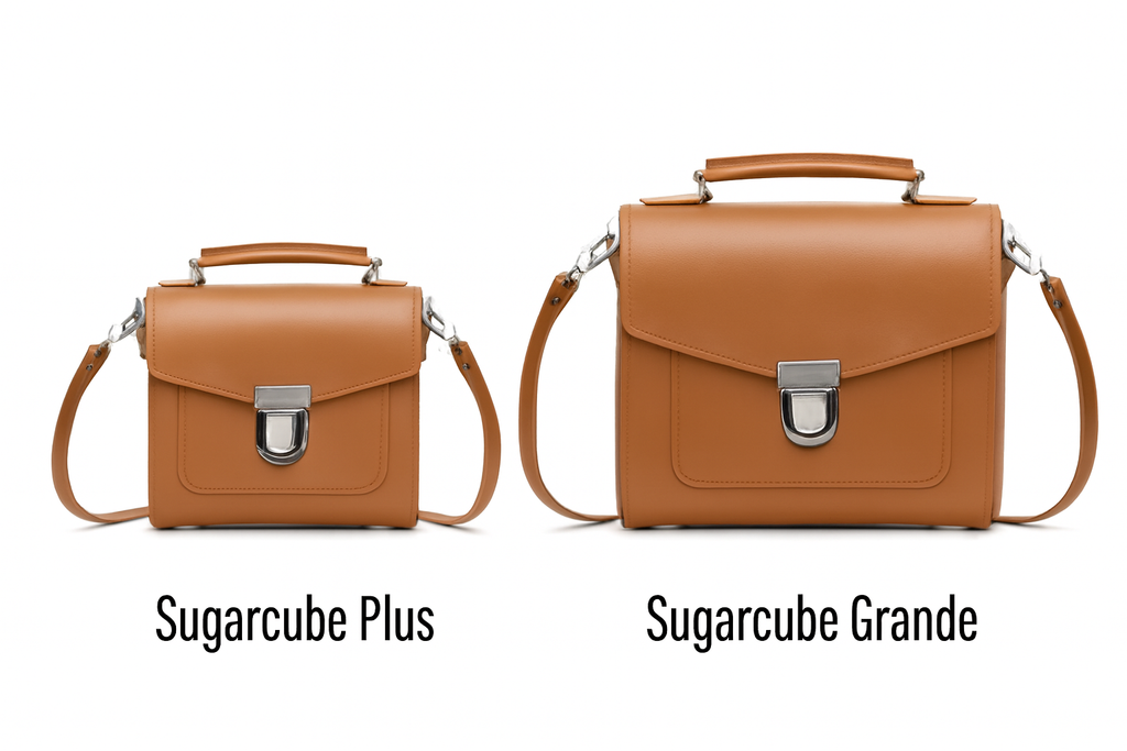Zatchels Burnt Orange Sugarcube handbag size guide view