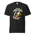 Black T-shirt with distressed ‘BUTTON MOON’ lettering above a colourful rocket, cartoon astronaut, cratered moon and yellow button.