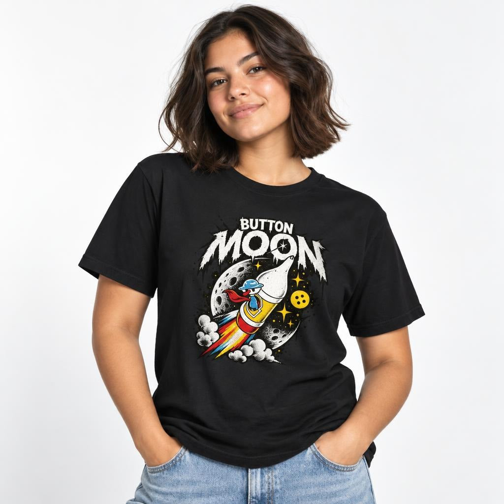 Model wearing a Black T-Shirt with ‘BUTTON MOON’ lettering above a colourful rocket, cartoon astronaut and cratered moon.