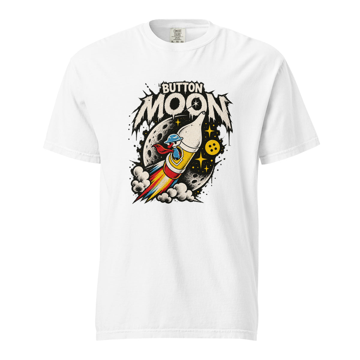 White T-Shirt with retro BUTTON MOON lettering above a colourful rocket, cartoon astronaut, cratered moon, yellow button and exhaust clouds.