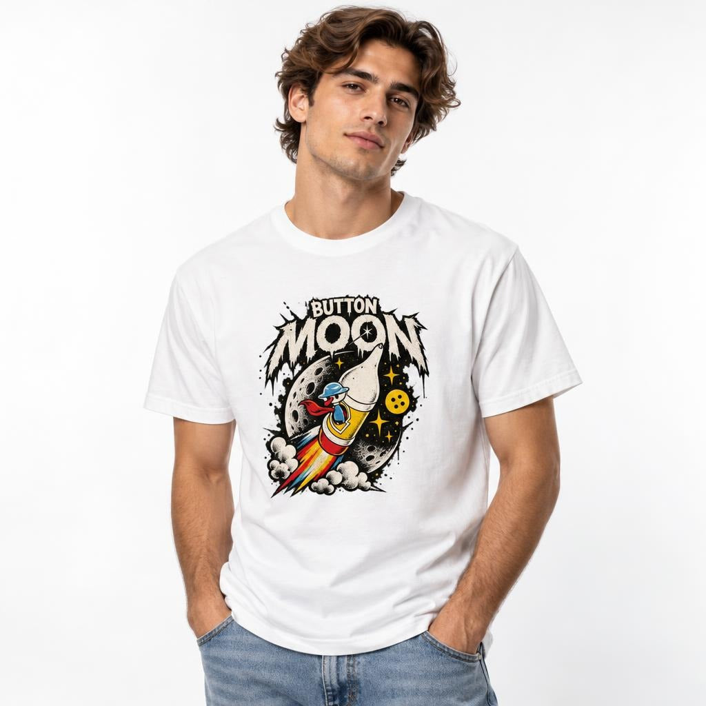 Model wearing a White T-Shirt with retro BUTTON MOON lettering, a colourful rocket, cartoon astronaut, cratered moon and yellow button.