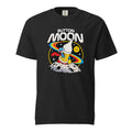 Black T-shirt with “BUTTON MOON” text above a colourful astronaut standing on a cratered moon among rings and stars.