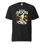 Black T-shirt with “BUTTON MOON” text above a colourful astronaut standing on a cratered moon among rings and stars.