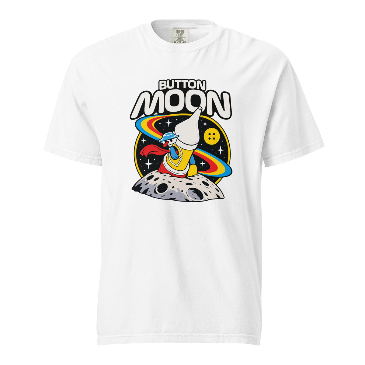 Front view of a white T-shirt featuring the text “BUTTON MOON,” a colourful cartoon astronaut on a cratered moon, stars and planetary rings.