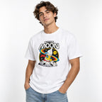 Model wearing a White T-Shirt with “BUTTON MOON” text, a cartoon astronaut on a cratered moon, stars, rings, and a yellow planet.