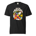 Black T-shirt with cream “BUTTON MOON” lettering above a cartoon astronaut riding a rocket, with a moon, stars and rainbow arcs.