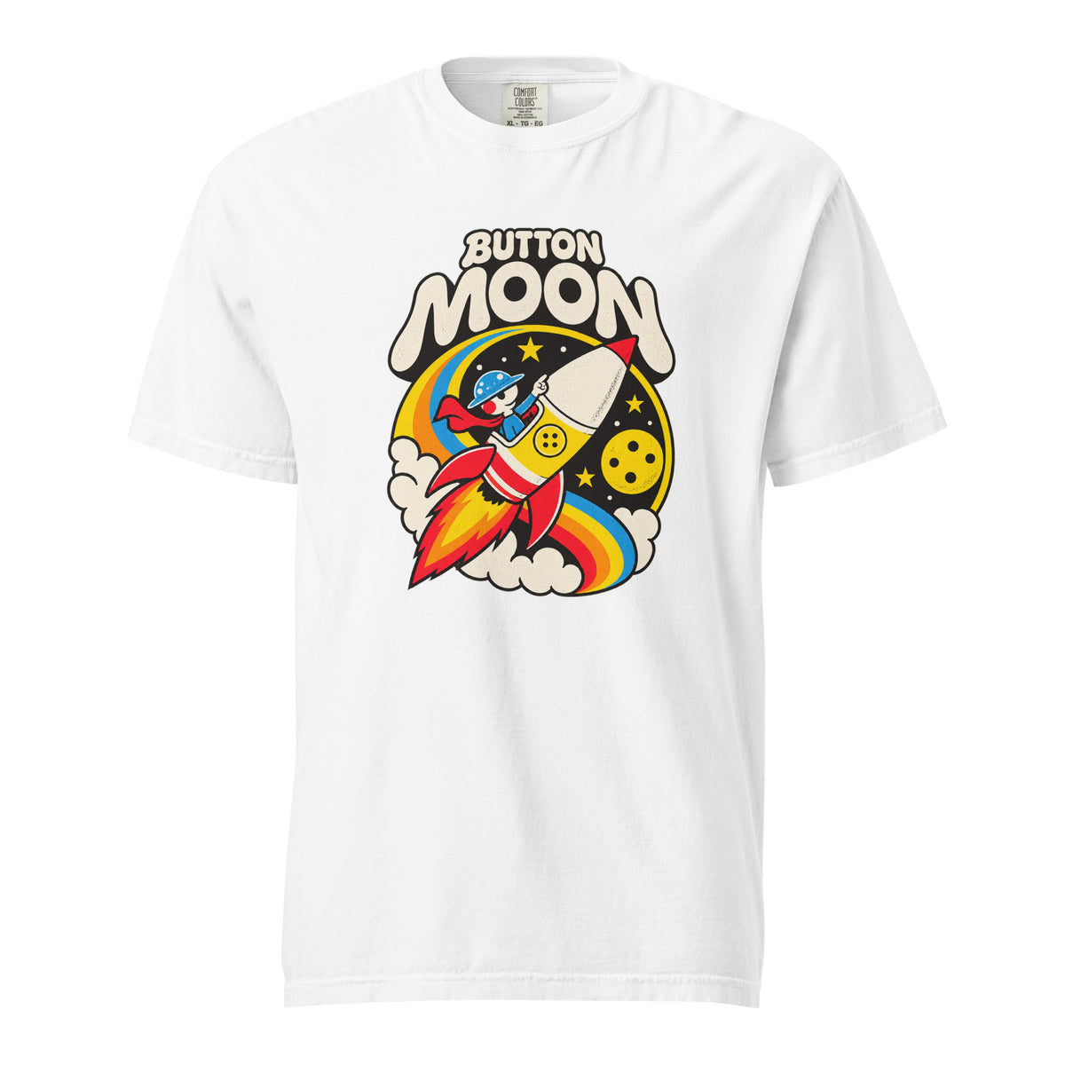 White T-Shirt with “BUTTON MOON” lettering above a cartoon astronaut riding a rocket, with a moon, stars, rainbow arcs and clouds.