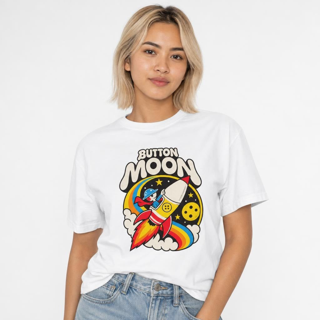 Model wearing a White T-Shirt with “BUTTON MOON” lettering above a cartoon astronaut riding a rocket, with a moon, stars and rainbow arcs.