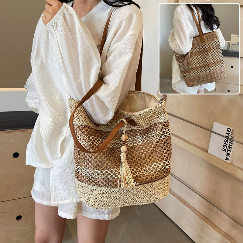 Summer Stripe Straw Shoulder Beach Bag With Tassel