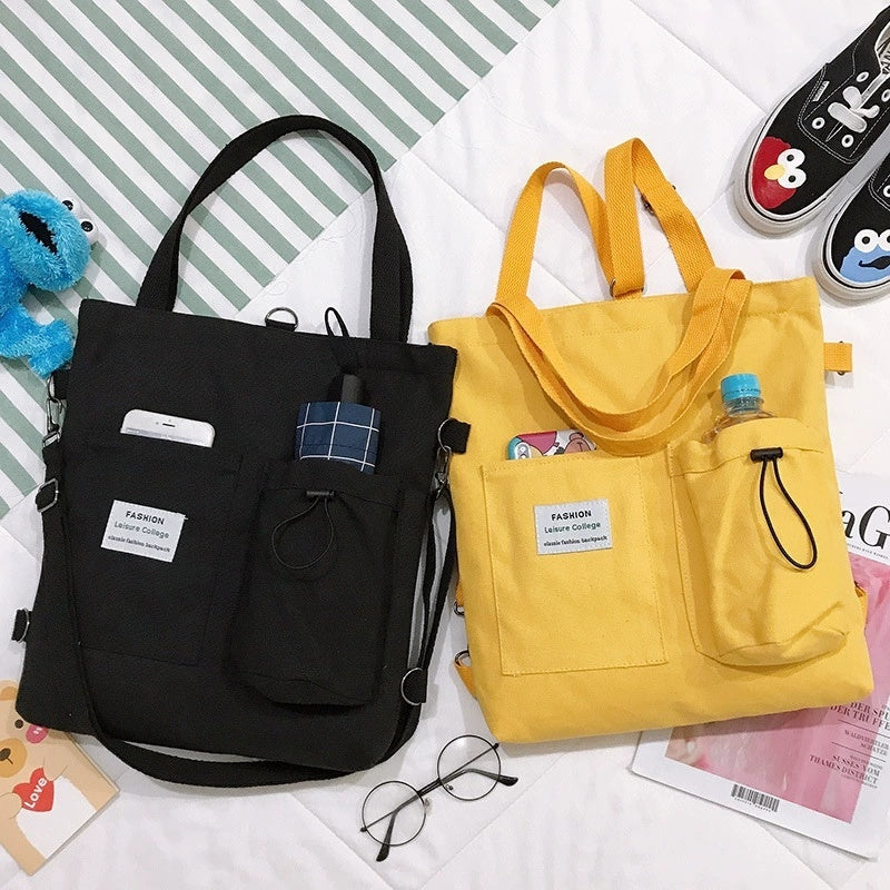 Harajuku Canvas Backpack Shoulder Bag With Pockets