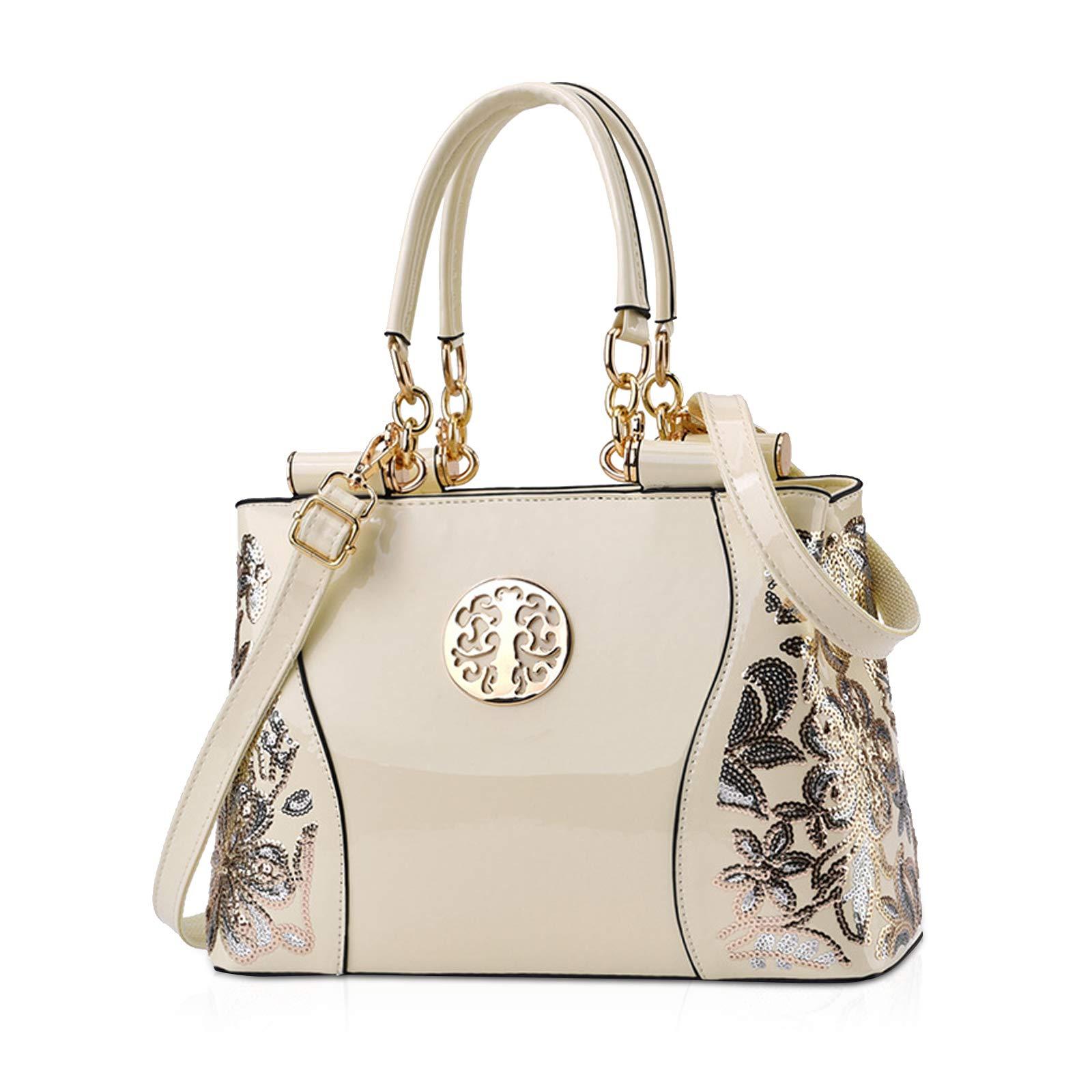 Womens Patent Look Sequin Embroidered Handbag