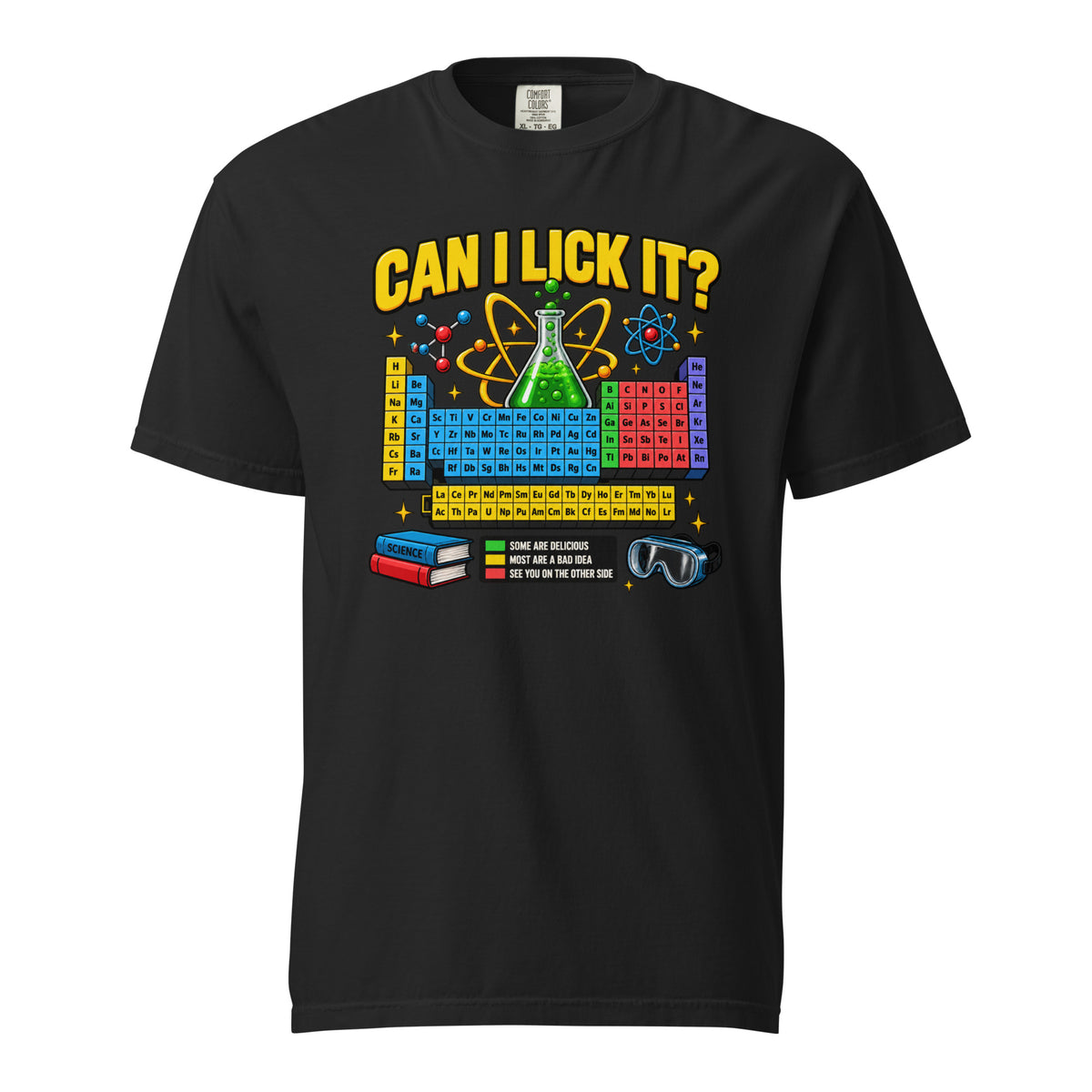 Front view of a black T-shirt with “CAN I LICK IT?” above a colourful periodic table, bubbling chemistry flask, atom symbols and molecular structures.