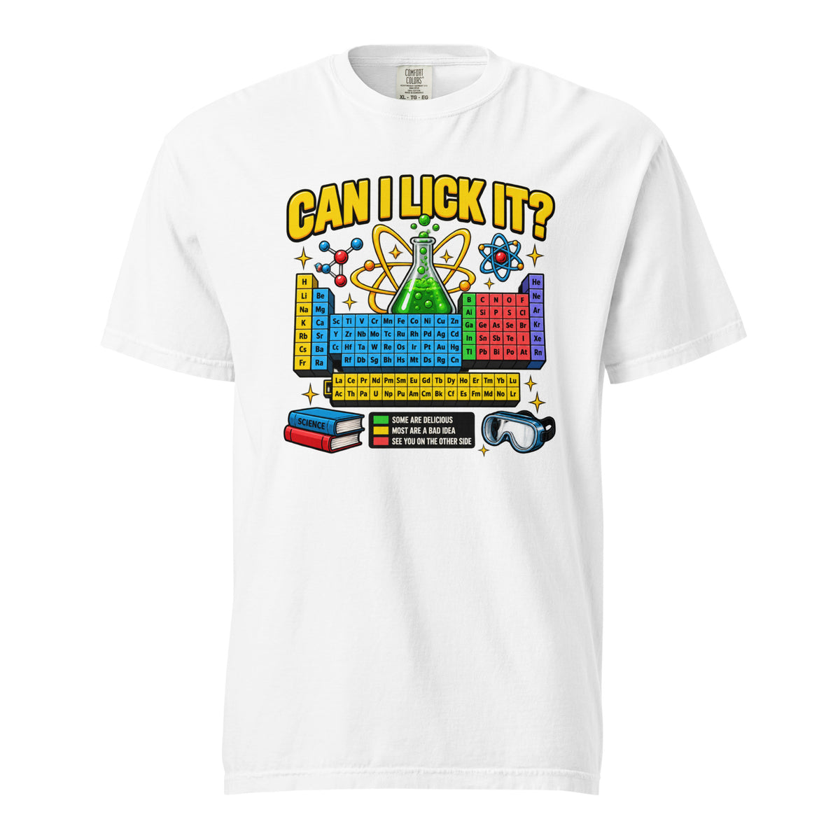 Front view of a white T-shirt with “CAN I LICK IT?” above a colourful periodic table, bubbling chemistry flask, atom symbols and molecular structures.